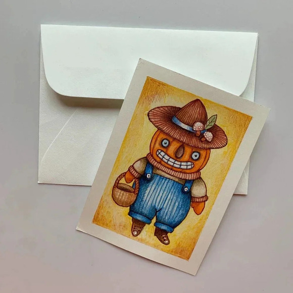 OOAK Vintage Halloween Pumpkin Harvest ACEO ATC Original Art Card - Picture 5 of 5